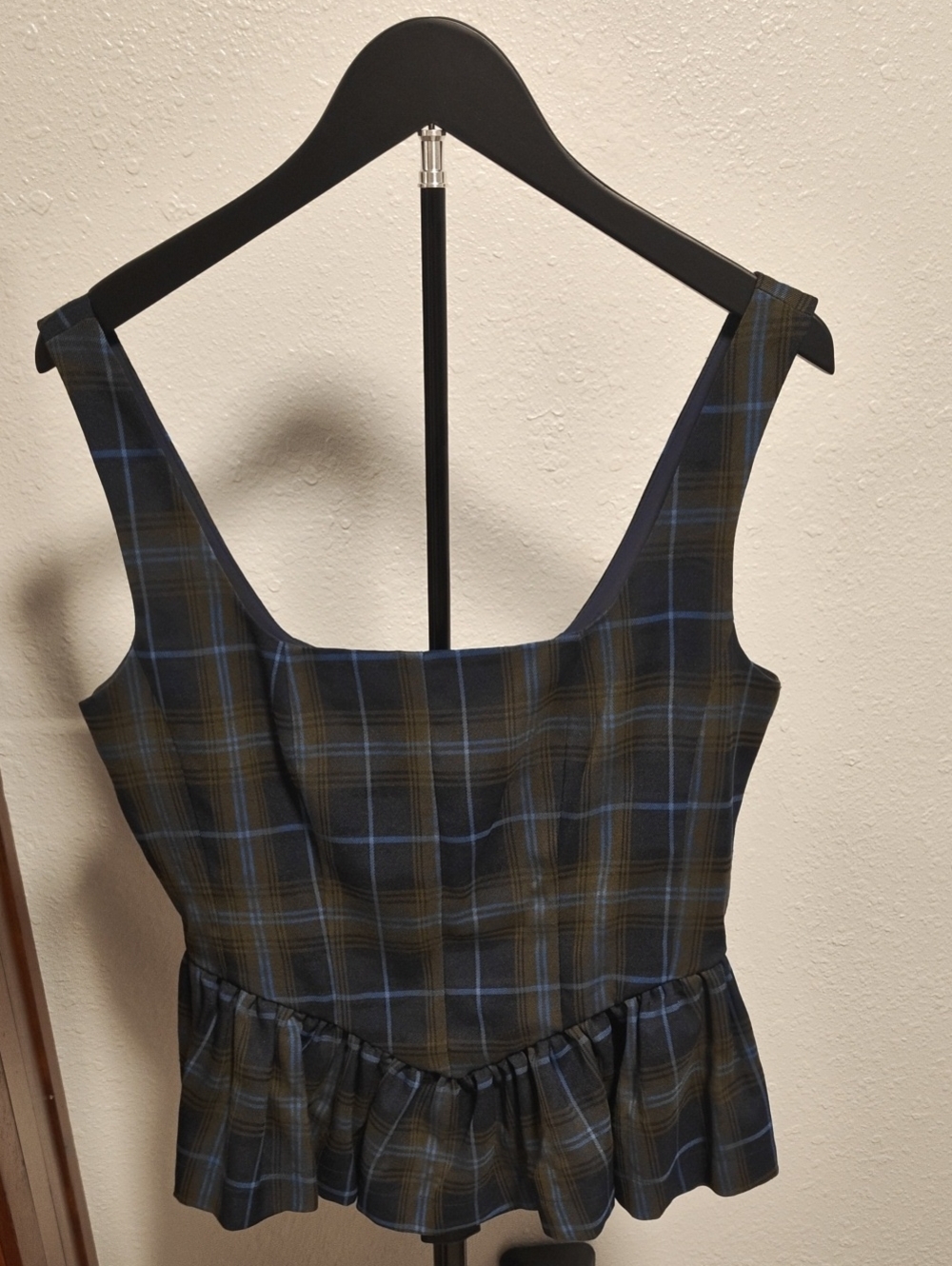 Avec Les Filles One-Shoulder Plaid Peplum Top - Blue and Olive